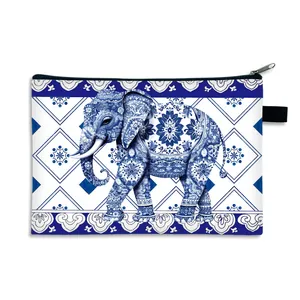 Waterproof elephant print cosmetic bag with vintage blue and white floral porcelain style