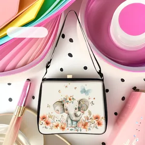 Detail of sunflower bee tote with cute elephant and butterfly illustration on white canvas