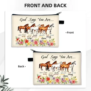 Detailed macro view of canvas cosmetic bag featuring horse prints and motivational quotes