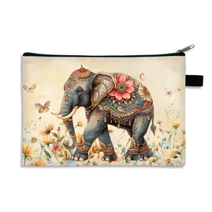 Elephant print waterproof cosmetic bag with artistic floral pattern and black wrist strap