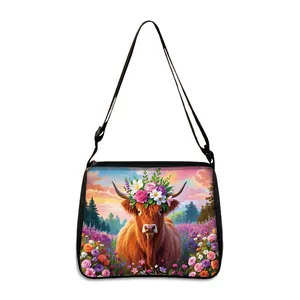 Sac à bandoulière vache des Highlands avec motifs tournesols et sangle réglable