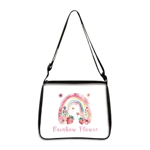 Rainbow and floral printed crossbody bag with adjustable strap and black zipper closure