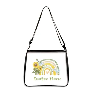White canvas crossbody bag with sunflower rainbow print and adjustable black strap