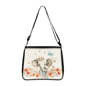 Vintage elephant canvas crossbody bag with floral watercolor print and adjustable strap
