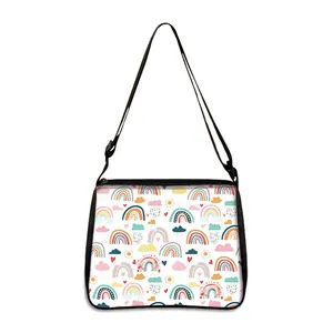 Rainbow and sunflower print white crossbody bag with adjustable black shoulder strap