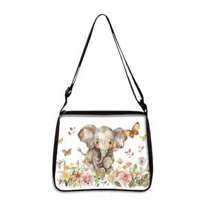 Vintage elephant canvas crossbody bag with floral print and adjustable black strap
