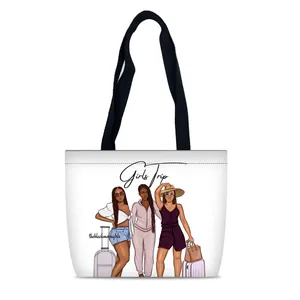 Bolso tote minimalista de lona blanca con estampado de viaje y asas negras