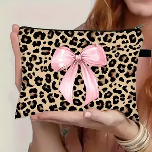 Leopard Print Cosmetic Bag Large Capacity Makeup Organizer With Pink Bow Heart Patterns Portable Toiletry Bag For Women Travel Daily Storage