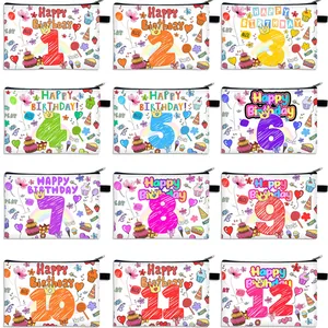 Borsa da Trucco Happy Birthday Motivo Torta Cartone Animato Numeri 1-12 Stampa Poliestere Orizzontale Pochette da Trucco Organizer da Viaggio
