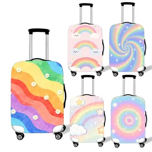 Detail view of five rainbow and cloud patterned elastic luggage protection covers