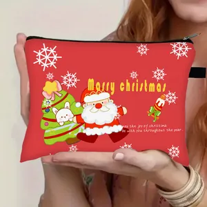 Grande borsa cosmetica natalizia portatile con stampa Babbo Natale e chiusura a zip