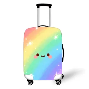 Rainbow gradient elastic suitcase cover with cute cartoon face and stars on white background