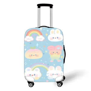 Elastic luggage cover with rainbow and cute rabbit patterns on a blue background