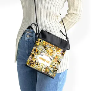Women's Fashion Sunflower Honey Bee Pattern Mobile Phone Bag Polyester Crossbody Bag Casual Daily Small Square Bag With Adjustable Strap