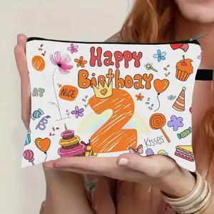 Pochette per trucco in tela con stampa colorata Happy Birthday 2 e disegni