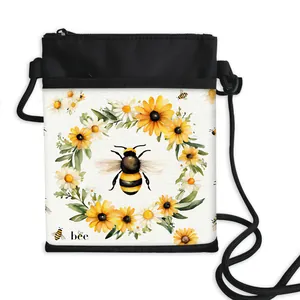 Women's sunflower bee crossbody phone bag with adjustable strap and floral wreath print