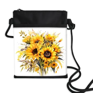 Crossbody phone bag with sunflower print, zipper closure and black nylon shoulder strap