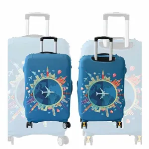 Housse de valise élastique avec icônes de voyage et monuments sur fond bleu marine