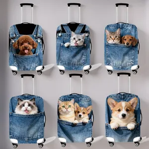 Elastic luggage cover with denim pocket animal prints for rolling suitcases