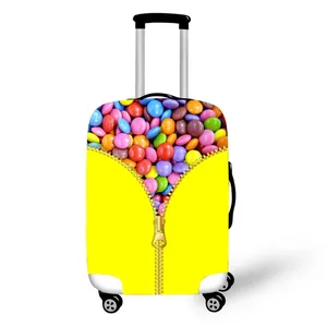 Bright yellow candy-themed suitcase cover with 3D zipper print and colorful bean graphics