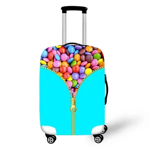 Sky blue suitcase cover with creative gold zipper and colorful candy bean print pattern
