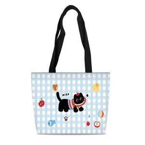 Cute cartoon canvas tote bag with light blue plaid pattern and cat illustration for women