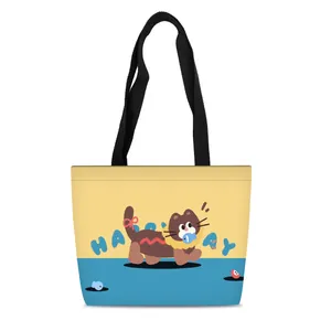 Cute cartoon cat printed canvas tote bag in yellow and blue with large capacity
