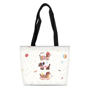 Cute cartoon dachshund canvas tote bag with black handles for daily casual shopping