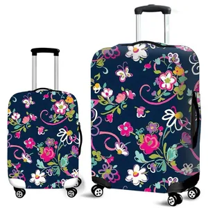 Floral butterfly print suitcase cover in navy blue elastic fabric for travel protection