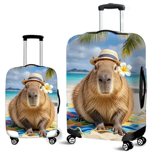 Elastic luggage cover featuring cute capybara beach print and sun hat design