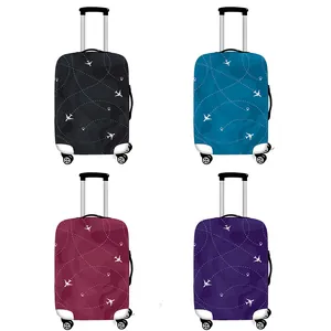 Elastic airplane suitcase covers in black, blue, red, and purple with flight path patterns