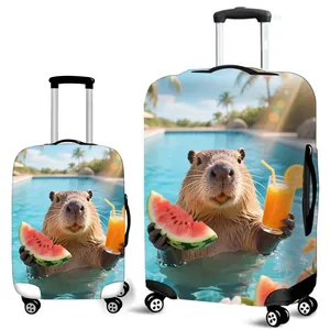 Cute capybara print luggage cover in thick elastic fabric with summer pool theme