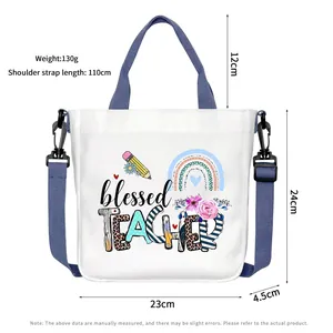 Borsa tote in tela bianca con stampa blessed TEACHER e tracolla viola regolabile