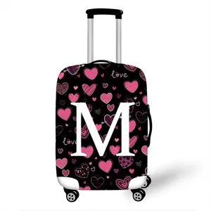 Elastic suitcase cover with pink heart prints and white letter M on black background