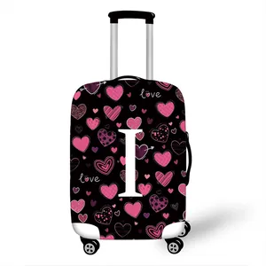 Elastic luggage cover with black background featuring pink hearts and I Love print design