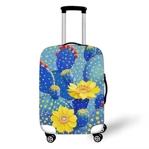 Copertura elastica per valigia con motivi di cactus blu e fiori gialli da viaggio