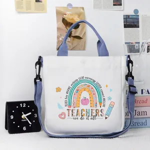 Borsa tote in tela per insegnante con stampa arcobaleno e tracolla blu regolabile