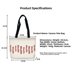 Tabella delle dimensioni della borsa tote in tela con stampe di caratteri rossi
