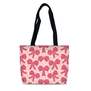 Borsa tote in tela rosa con cuori e fiocchi, borsa a spalla capiente per donna