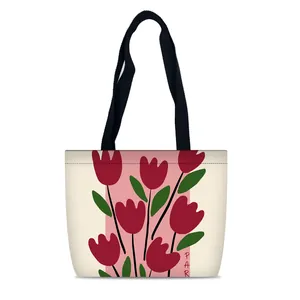 Borsa tote in tela minimalista con stampa di tulipani rossi e manici neri