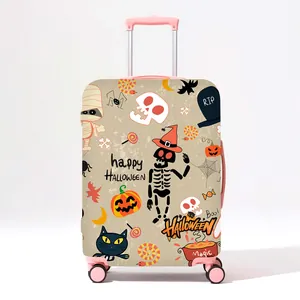 Halloween luggage cover with pink handle featuring spooky pumpkin and skull cartoon prints