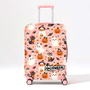 Pink Halloween luggage cover with cute ghost, black cat and pumpkin pattern