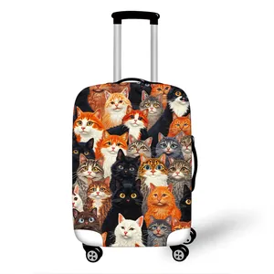 Elastic luggage protector featuring artistic colorful cat patterns with swivel wheels
