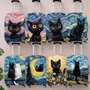 Van Gogh Starry Night Black Cat Suitcase Cover Elastic Dustproof Luggage Protector For 18-32 Inch Travel Case Washable Suitcase Sleeve
