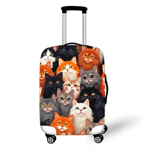 Elastic luggage cover featuring a dense autumn cartoon cat pattern for suitcase protection