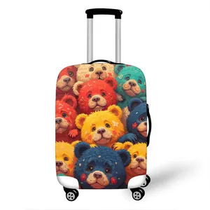 Elastic suitcase cover featuring colorful cartoon teddy bear print on a white luggage