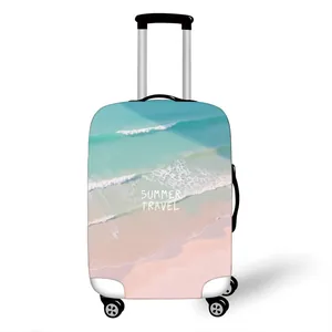 Elastic luggage cover with Summer Travel beach print and blue ocean wave pattern