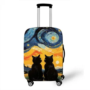 Artistic oil painting luggage cover with black cats and starry night sky pattern