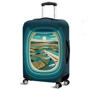 Deep teal suitcase cover with airplane window landscape illustration for luggage protection