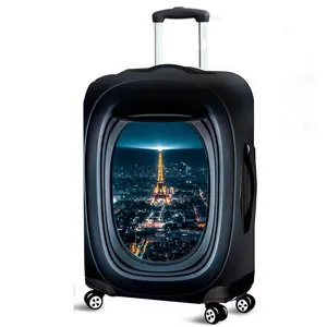 Elastic suitcase cover with Eiffel Tower plane window print for luggage protection